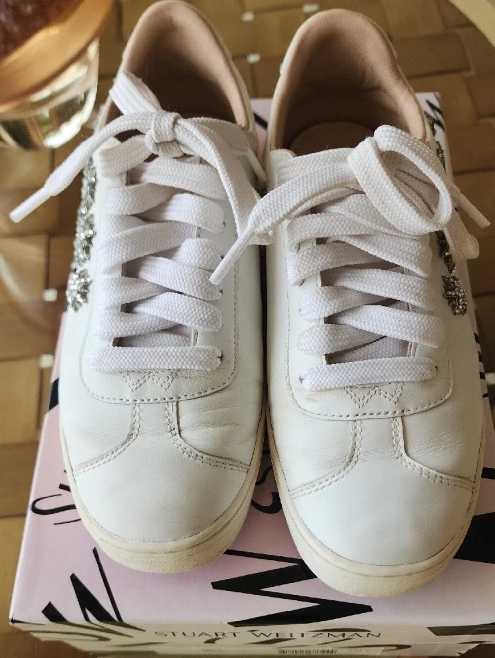 Stuart Weitzman Emilie Size 4 White Dress Nappa Crystal-Embellished Sneakers